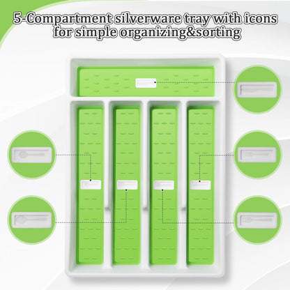 Silverware Organizer with Cutlery Icons，Silverware Tray for Kitchen Drawer，Plastic Flatware Tableware Silverware Drawer Organizer Utensil Organizer with Non-Slip TPR Linings，5-Compartment