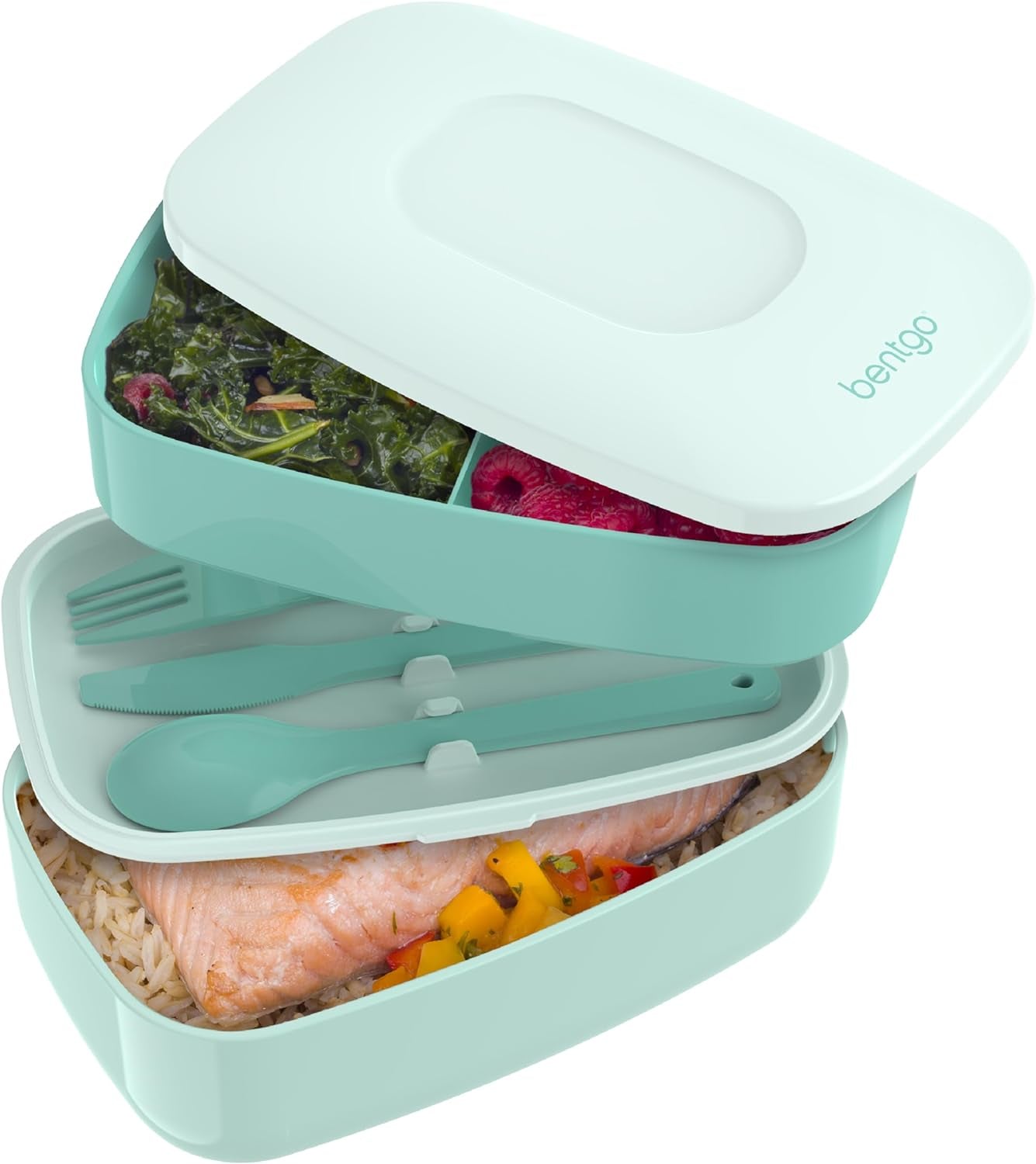 Classic - Adult Bento Box, All-In-One Stackable Lunch Box Container with 3 Compartments, Plastic Utensils, and Nylon Sealing Strap, BPA Free Food Container (Coastal Aqua)