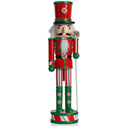 15 In. Wooden Peppermint Christmas Nutcracker -Red, White and Green Glitter Candy Holiday Nutcracker Toy Soldier