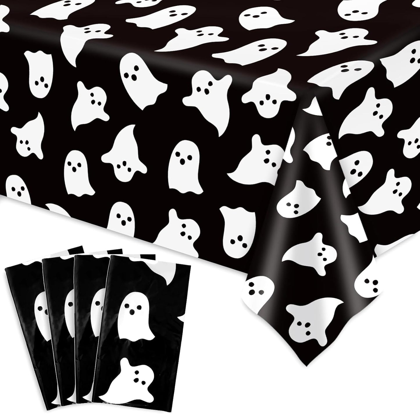 4Pcs Halloween Plastic Tablecloths White Black Ghost Disposable Table Cover Spooky Rectangle Table Cloth for Halloween Party Table Decor, 54 X 108 Inch