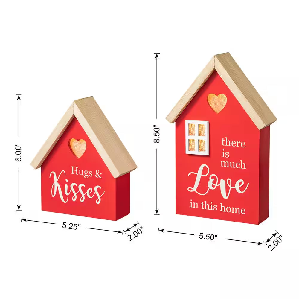 8.50 In. H Valentine'S Lighted Wooden House-Shaped Table Decor（Set of 2）