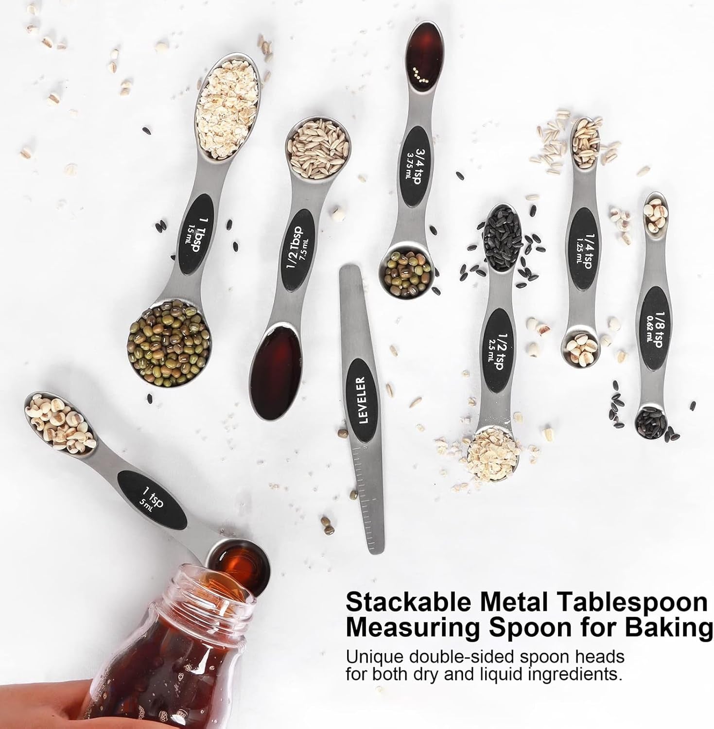 Magnetic Measuring Spoons Set Stainless Steel with Leveler, Stackable Metal Tablespoon Measure Spoon for Baking, Cups and Spoon Set Kitchen Gadgets Apartment Essentials Fits in Spice Jars