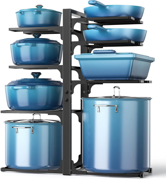 Pots and Pans Organizer: under Cabinet, 21" Height Heavy Duty 120LBS Pots Pans Organizer Rack for under Cabinet 8-Tier Adjustable for Big Stockpots, Dutch Ovens, Cast-Iron Pans, Heavy Cookware