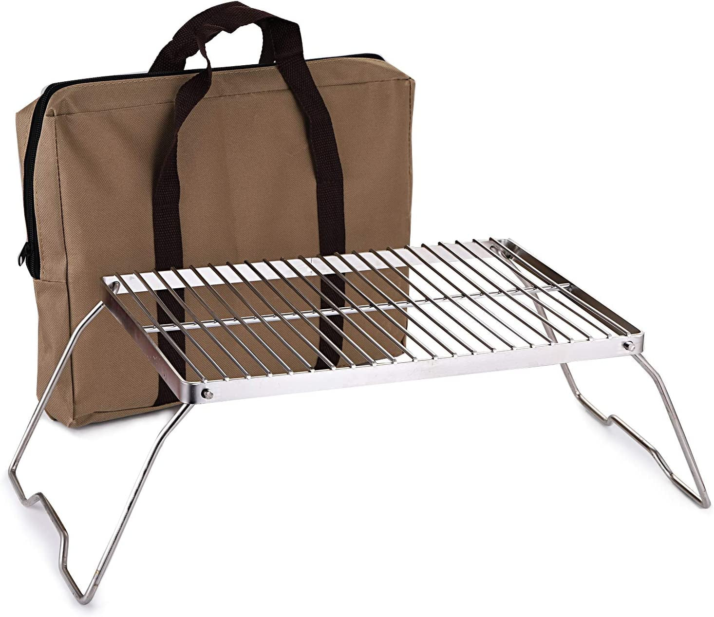 Portable Folding Campfire Grill with Carrying Bag, Heavy-Duty 304 Stainless Steel Barbecue Grate for Outdoor Camping, Picnics, and Backpacking - 13.6" x 9" x 6.5"