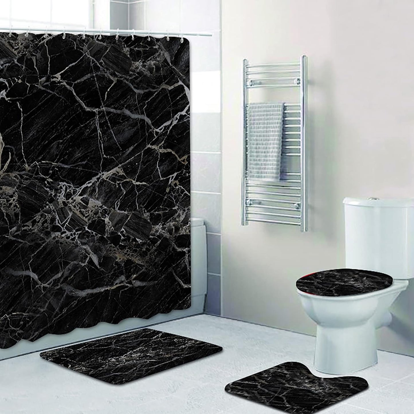 Black Marble Shower Curtain with Bath Rugs Sets, 4 Pcs Gray Marble Patterns Bathroom Décor with Toilet Seat Cover,Soft Mats, Absorbent Pedestal Pads and Shower Curtains + Hooks