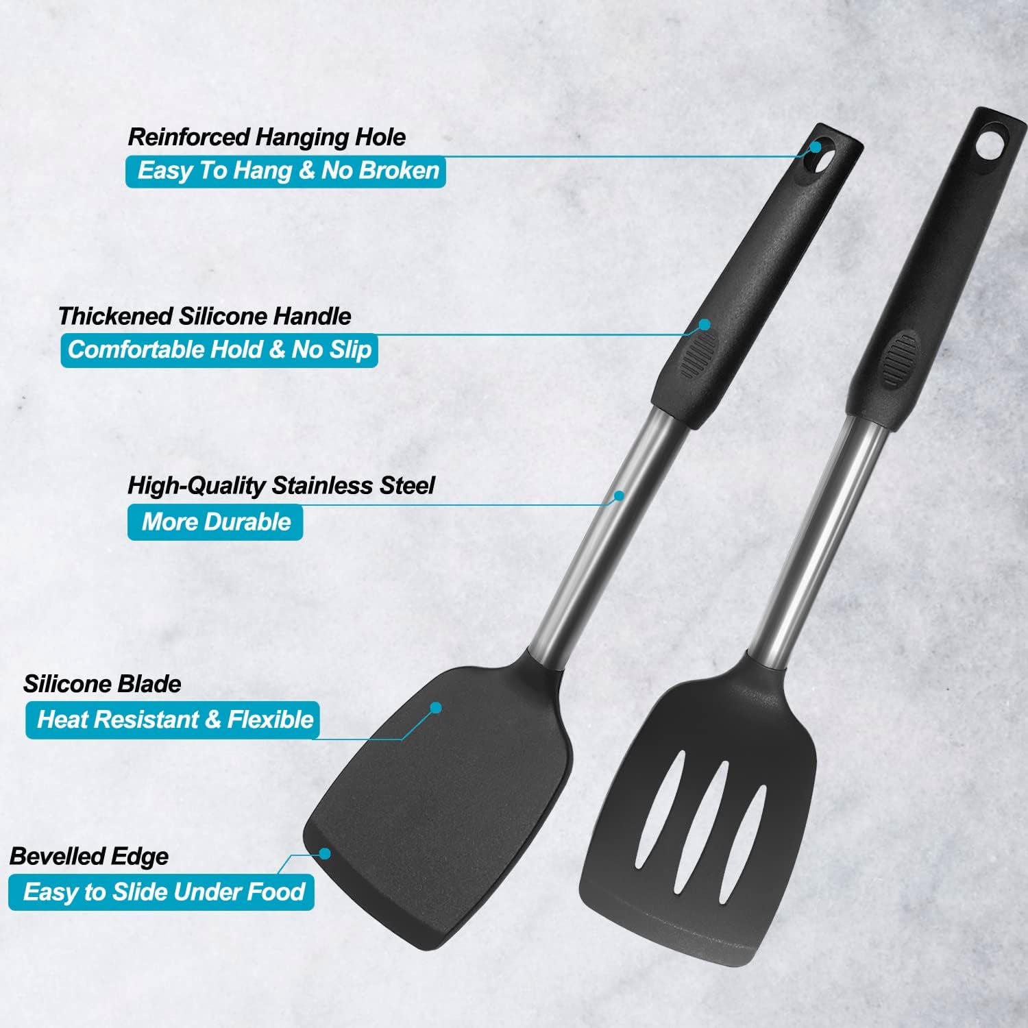 Professional Silicone Spatula Set - 2 Pack with Solid & Slotted Designs, Stainless Steel Handles, Non-Stick, Heat Resistant for Cooking Fish, Eggs, Pancakes, and Wok - Black