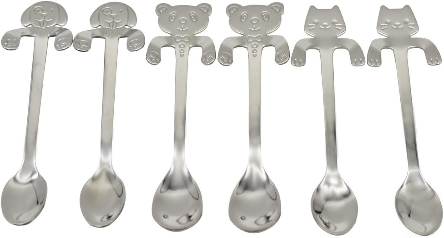 6PCS Dog Cat Bear Coffee Spoon 4.5 Inch Animal Spoons 18/10（304）Stainless Steel Hanging Stirring Dessert Drink Spoons Tableware Kitchen Supplies