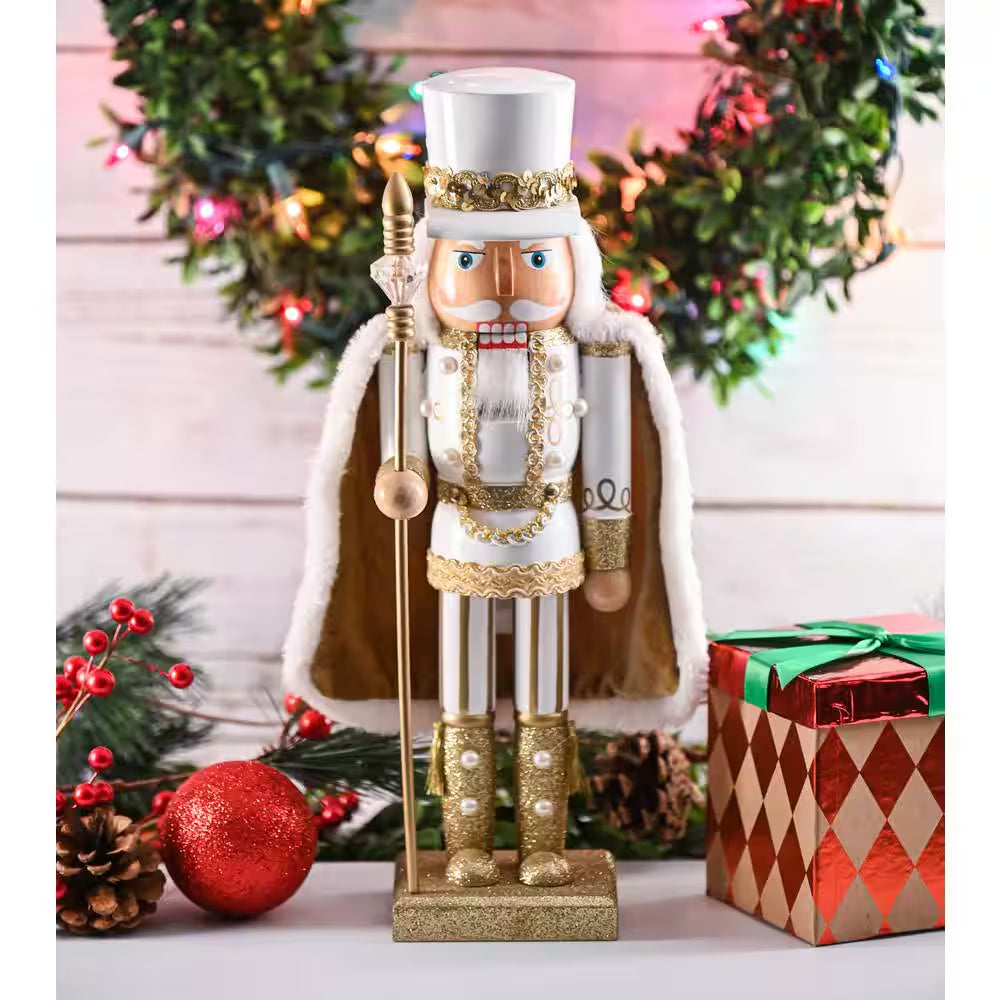 14 In. Wooden Christmas Gold King Nutcracker-Gold and White Glittered Nutcracker with Gold and White Fur Cape and Staff