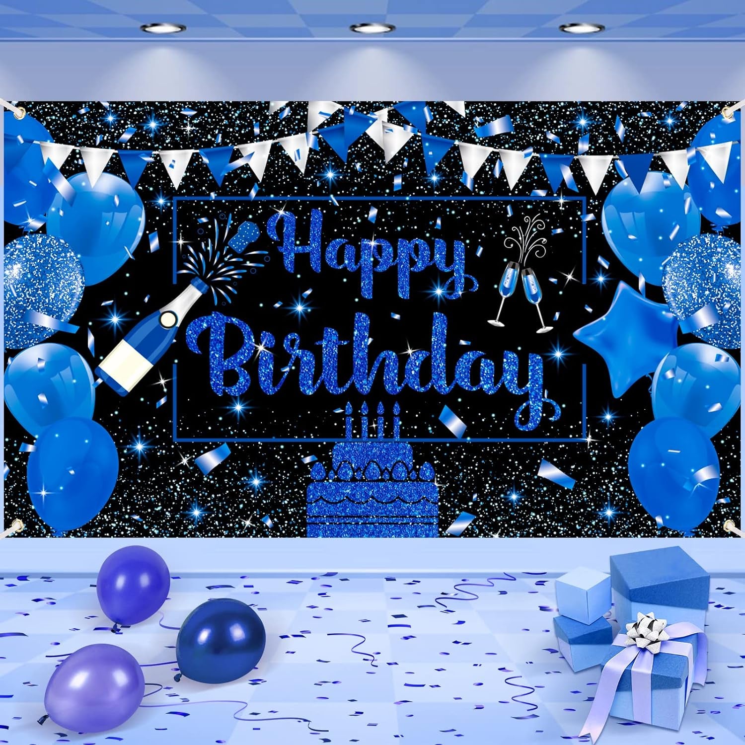 Navy Blue and Black Birthday Banner Decorations - Large Happy Birthday Backdrop for Boys and Girls, Champagne Glass and Balloon Photo Booth Background for Men and Women - 71" x 44" Party Supplies