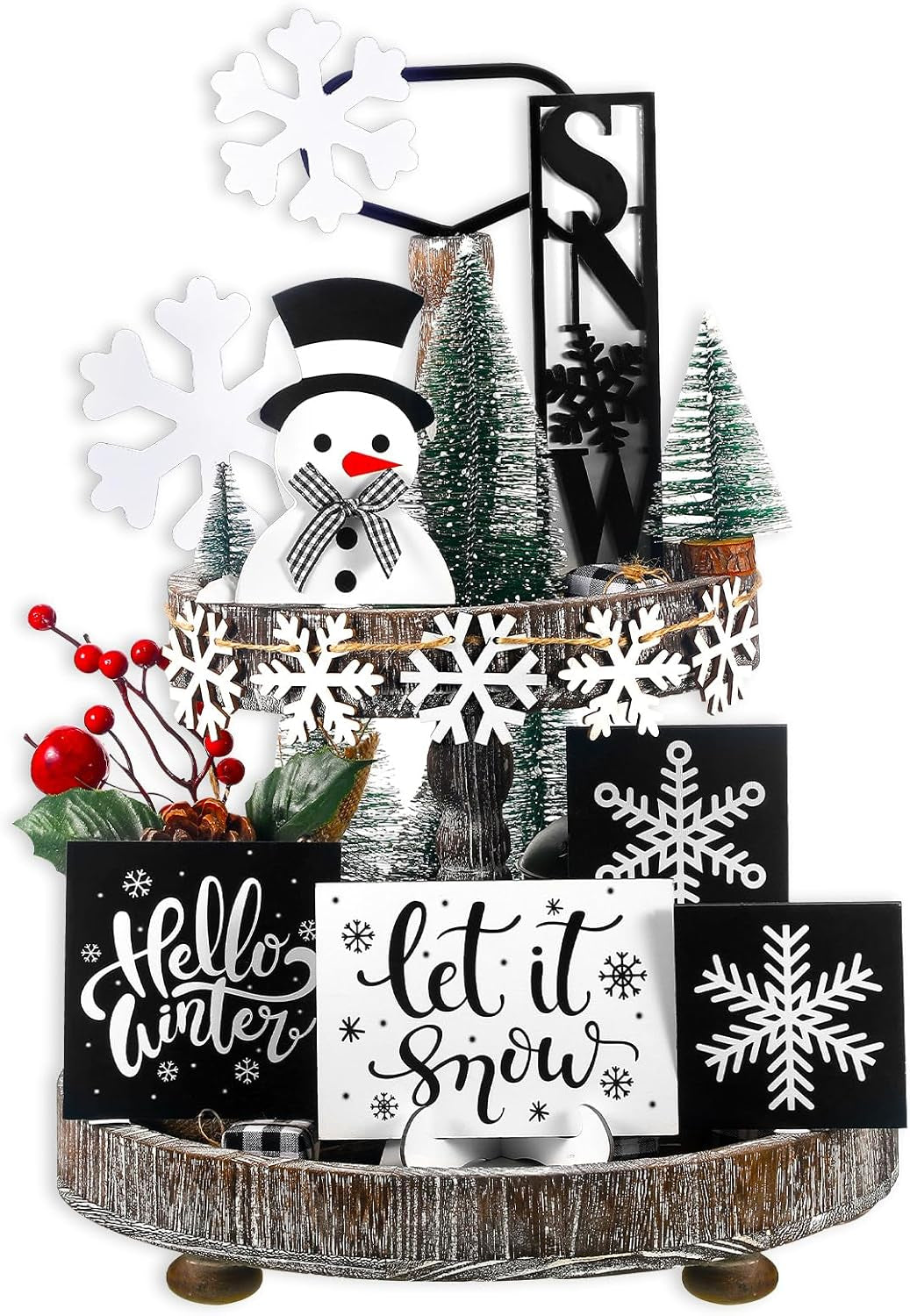 13 Pcs Christmas Tiered Tray Decor Winter Black and White Snowflake Table Wood Decor Snowman Wooden Sign Rustic Farmhouse Coffee Bar Signs Winter Tray Decor for Home Xmas Holiday Tabletop