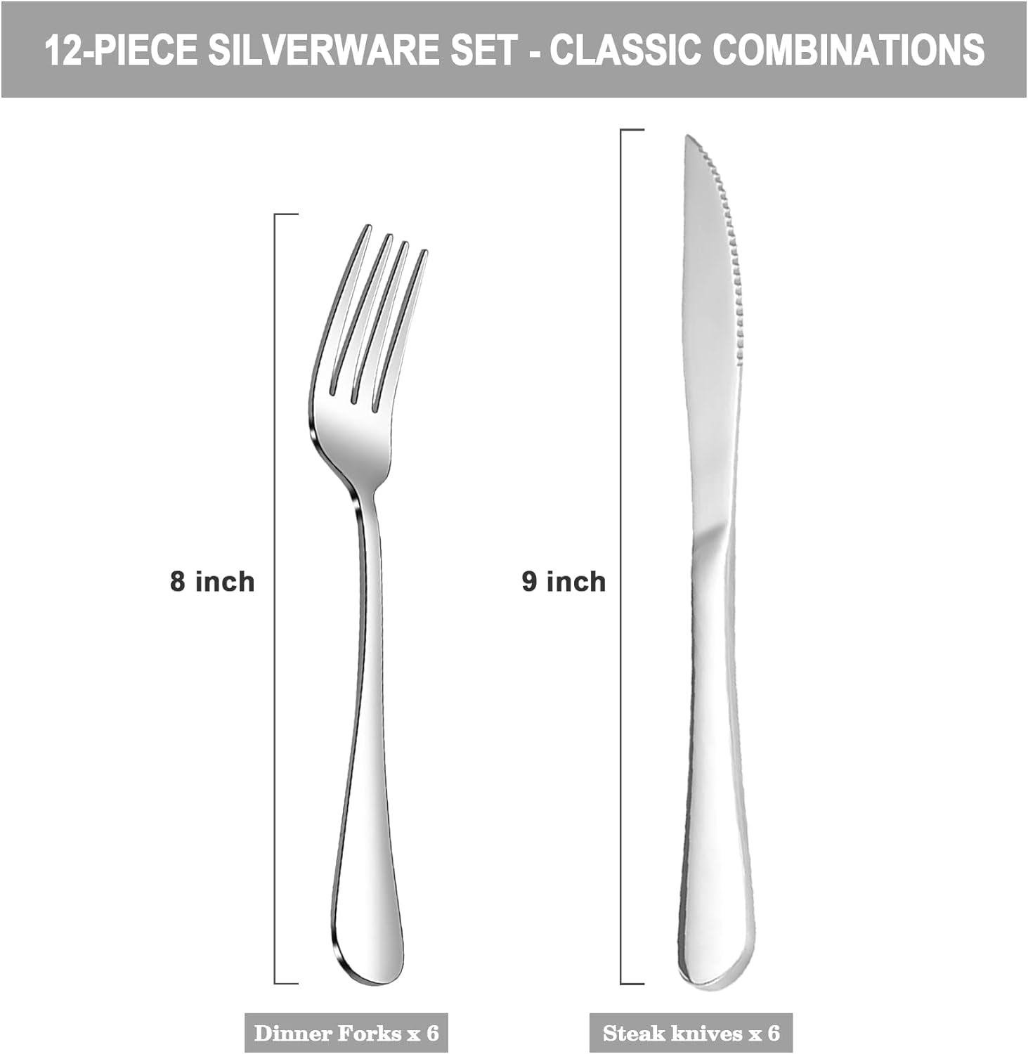 12 Pcs Silverware Set with 6 Steak Knives and 6 Dinner Forks,Flatware Set with Top Food Grade Stainless Steel,Tableware Cutlery Set for Home Restaurant Hotel, Mirror Finish, Dishwasher Safe