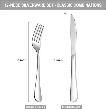 12 Pcs Silverware Set with 6 Steak Knives and 6 Dinner Forks,Flatware Set with Top Food Grade Stainless Steel,Tableware Cutlery Set for Home Restaurant Hotel, Mirror Finish, Dishwasher Safe