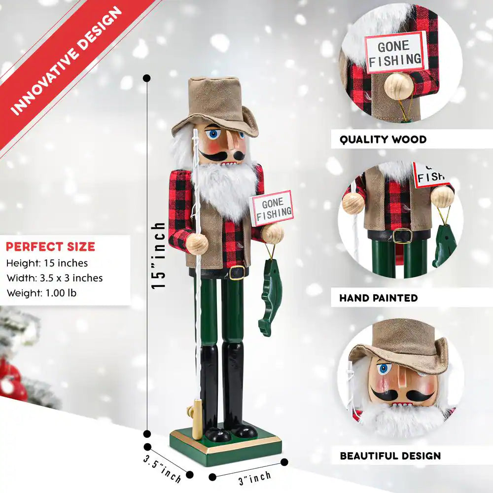 15 In. Wooden Christmas Fisher Man Nutcracker - Red and Green Fisherman Nutcracker with Fishing Rod and Fish in Hand