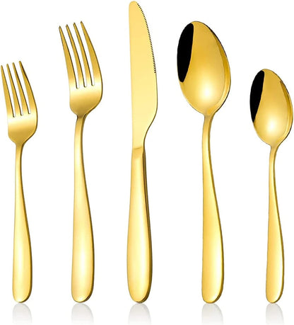 60-Piece Gold Silverware Set,  Stainless Steel Flatware Set for 12, Kitchen Utensils Cutlery with Titanium Golden Plated Include Spoons Forks Knives, Mirror Polished Dishwasher Safe