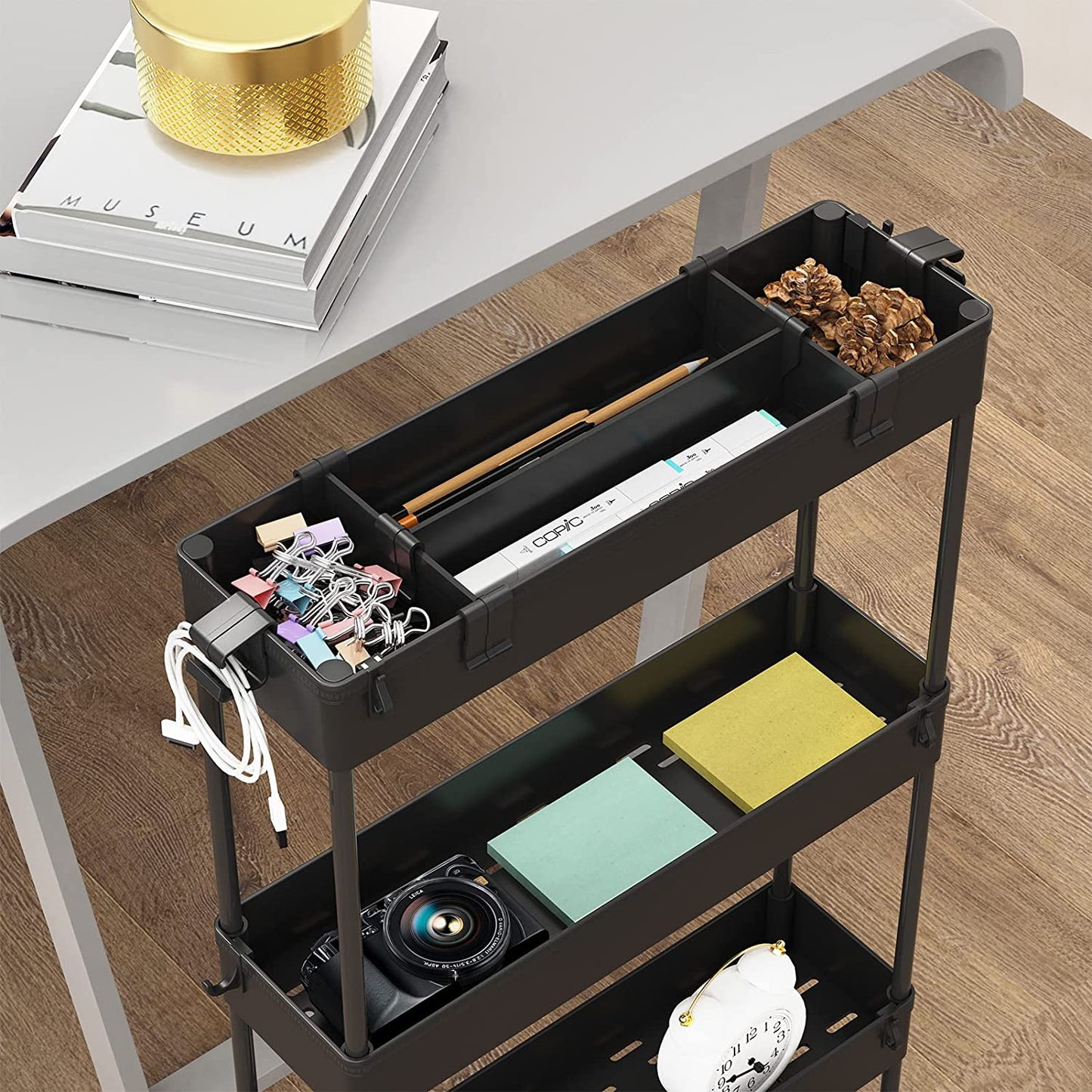 Slim Storage Cart 4 Tier, Storage Organizer Rolling Utility/ Mobile Shelving Unit Slide Out Storage Cart for Office, Bathroom, Kitchen, Laundry Room & Narrow Places， Black