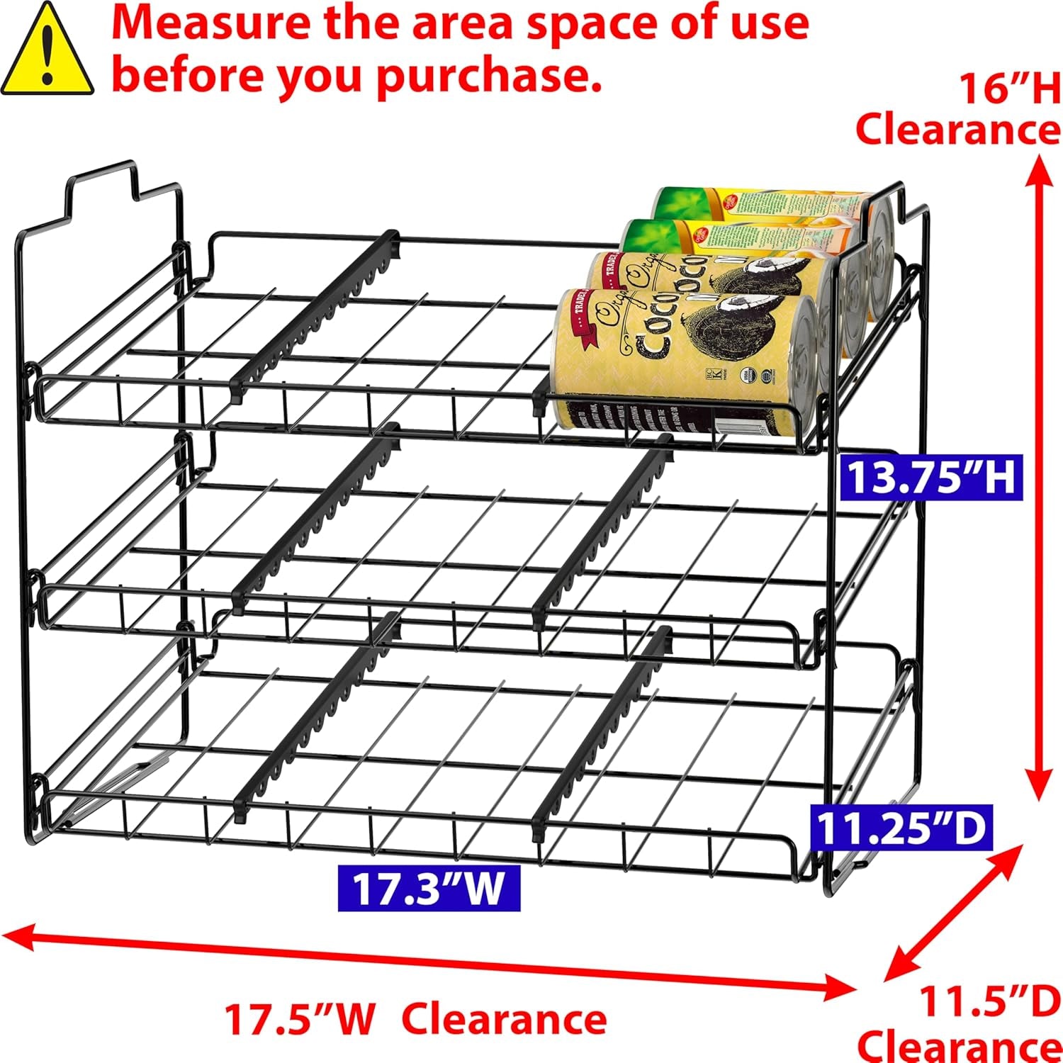 Stackable Can Rack Organizer for Kitchen and Pantry, 3 Tier, Black