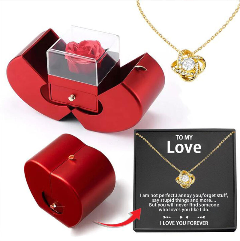 Fashion Jewelry Box Red Apple Christmas Gift Necklace Eternal Rose for Girl Mother'S Day Valentine'S Day Gifts with Artificial Flower Rose Flower Jewelry Box