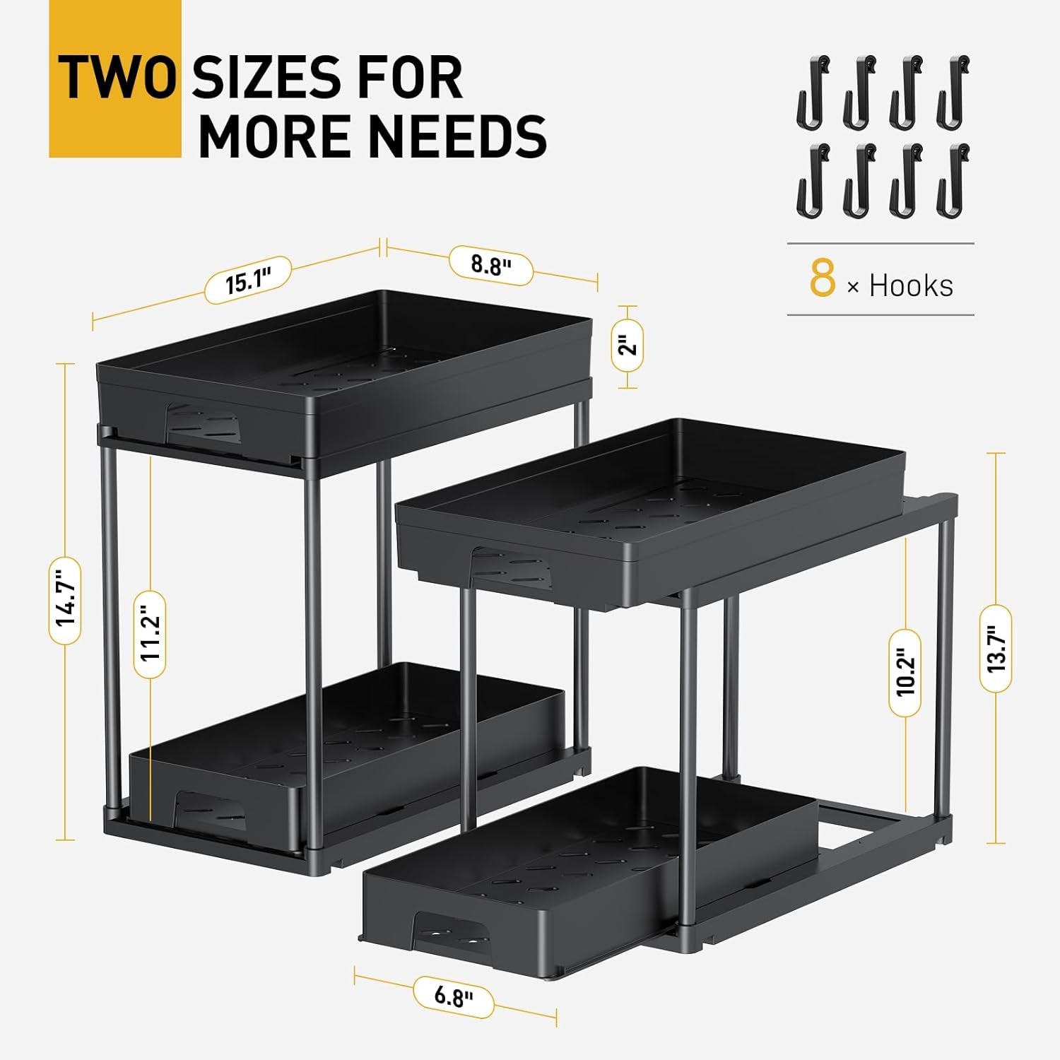 under Sink Organizers and Storage, 2 Pack Pull Out Kitchen Bathroom Cabinet Organizer, 2 Tier Black under Sink Storage for Bathroom Kitchen, under Counter Storage Organizer with 8 Hooks