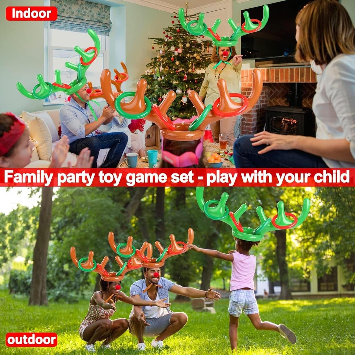 2 Set Christmas Inflatable Reindeer Antler Ring Toss Game Xmas Antler Heandband Toys Christmas Party Game Supplies for School Family Team Game Indoor Outdoor