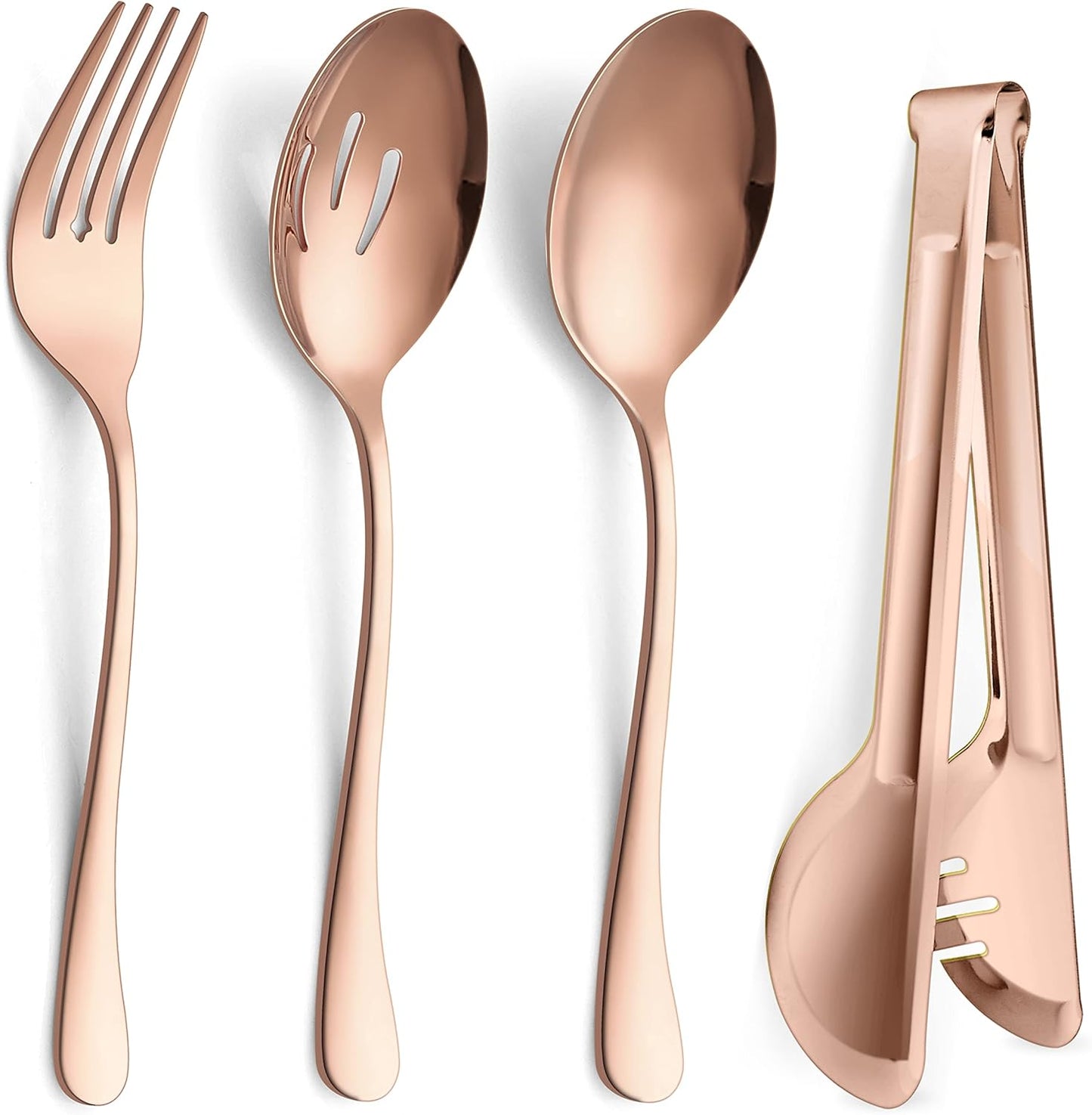 Large Copper Serving Utensils Set of 8,  Stainless Steel 9.8 Inch Serving Spoons Slotted Spoon, 9.9 Inch Serving Forks, 9.4 Inch Serving Tong for Buffet Catering, Mirror Finish & Dishwasher Safe