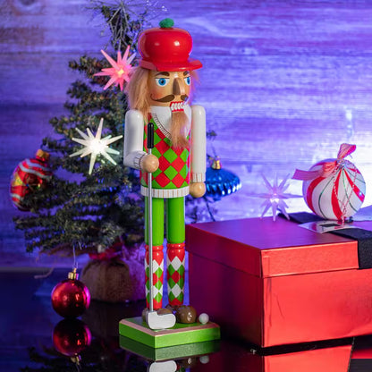 15 In. Wooden Golf Player Christmas Nutcracker-Red and Green Golfer with Club and Ball Holiday Nutcracker Figure Decor