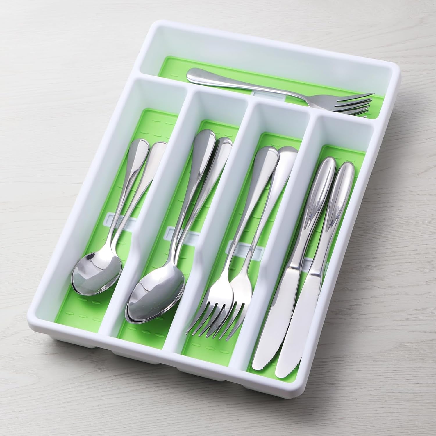 Silverware Organizer with Cutlery Icons，Silverware Tray for Kitchen Drawer，Plastic Flatware Tableware Silverware Drawer Organizer Utensil Organizer with Non-Slip TPR Linings，5-Compartment