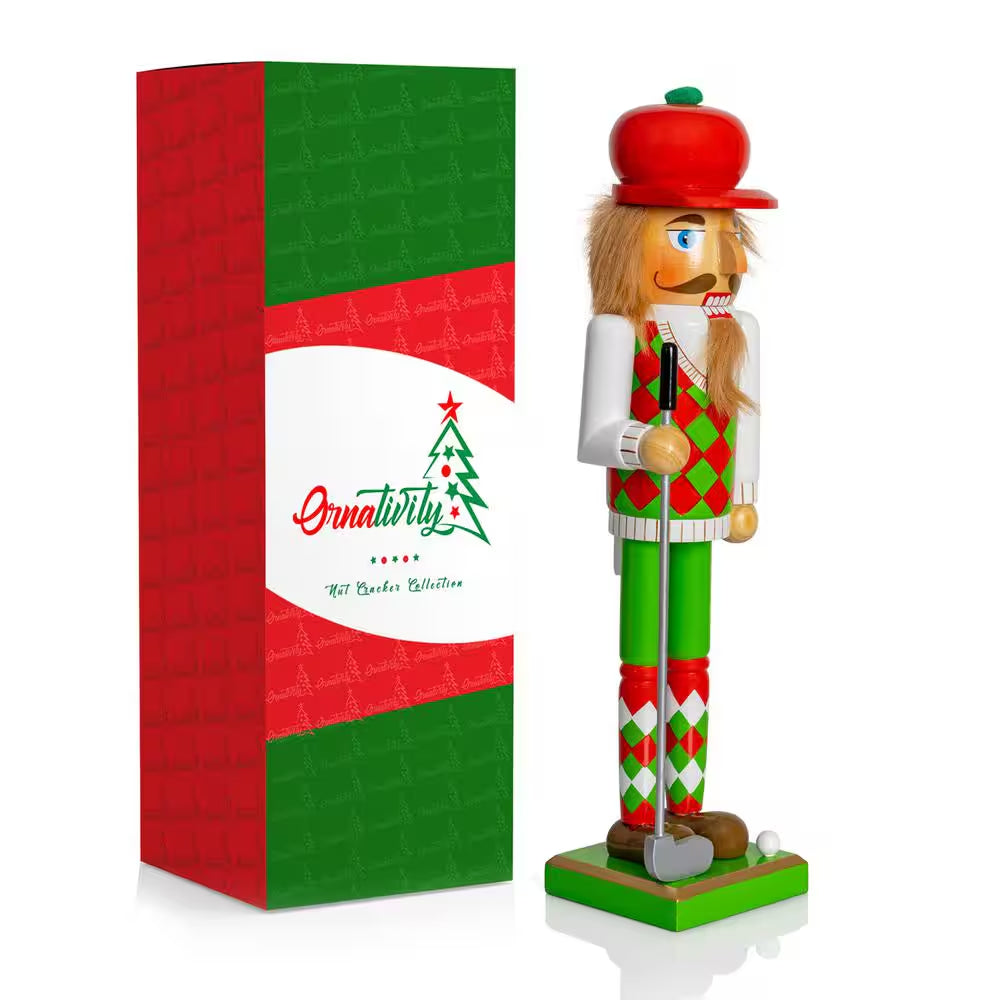 15 In. Wooden Golf Player Christmas Nutcracker-Red and Green Golfer with Club and Ball Holiday Nutcracker Figure Decor