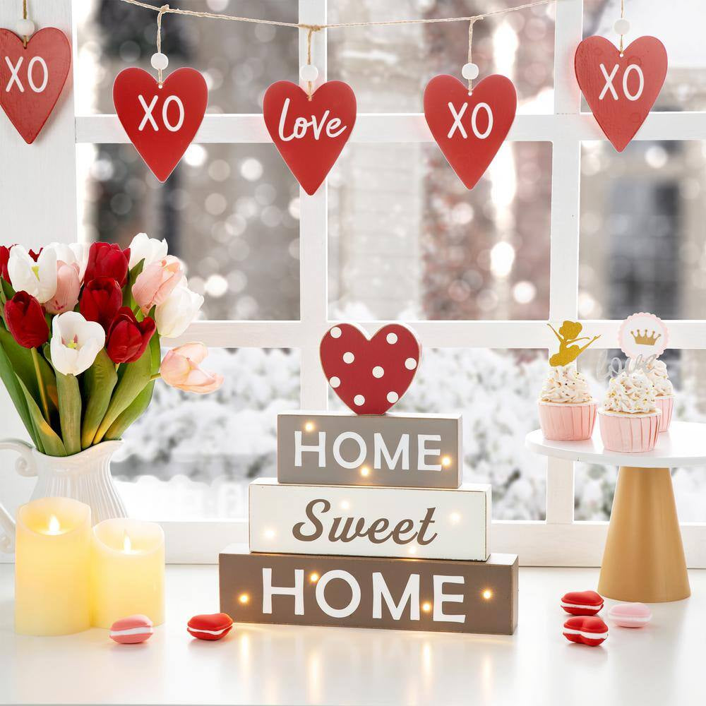 12.75 In. H Lighted Wooden Block Word Sign, W/5 Changeable Top Decors (Spring/Valentine/Patriotic/Fall/Christmas)