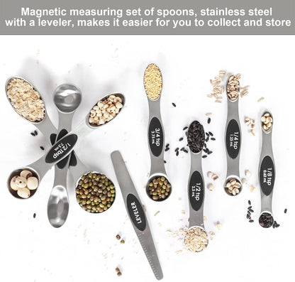 Magnetic Measuring Spoons Set Stainless Steel with Leveler, Stackable Metal Tablespoon Measure Spoon for Baking, Cups and Spoon Set Kitchen Gadgets Apartment Essentials Fits in Spice Jars