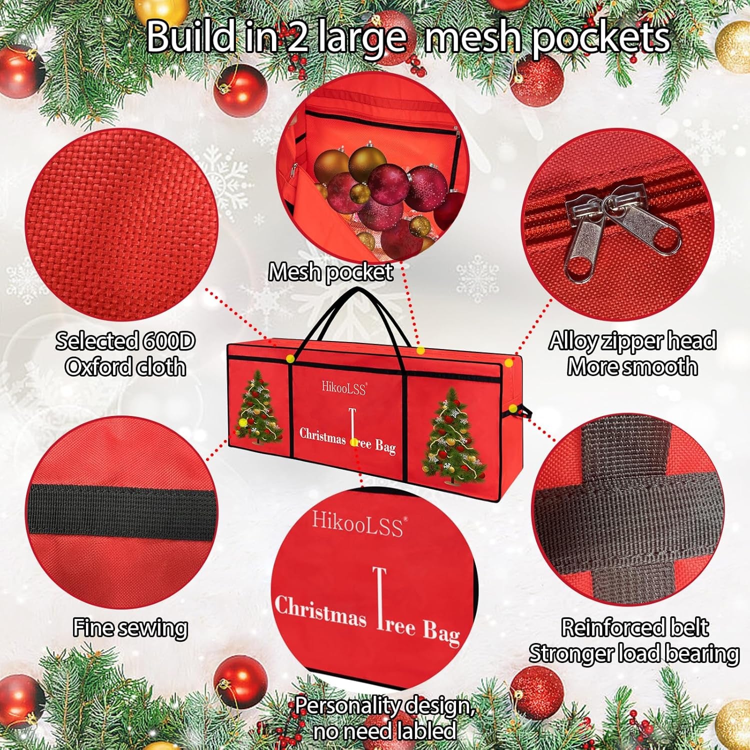 Christmas Tree Bags Storage 7.5 Ft Christmas Tree Storage Bag,Reusable Heavy Duty 600D Oxford Santa Tree Box/Container/Holder for Big Artificial Xmas Tree/Holiday Trees Red(60X18X25In)