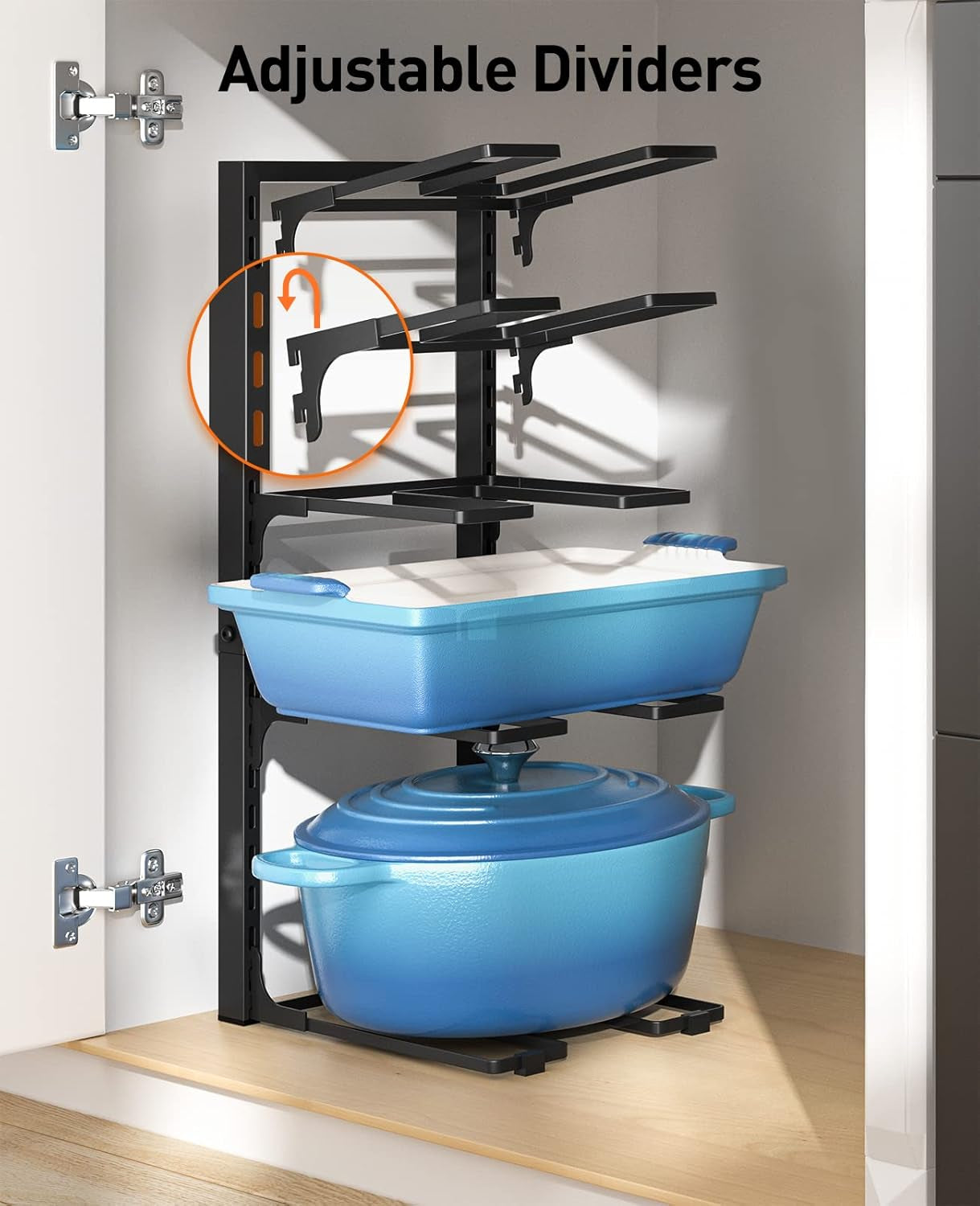 Pots and Pans Organizer: under Cabinet, 21" Height Heavy Duty 120LBS Pots Pans Organizer Rack for under Cabinet 8-Tier Adjustable for Big Stockpots, Dutch Ovens, Cast-Iron Pans, Heavy Cookware