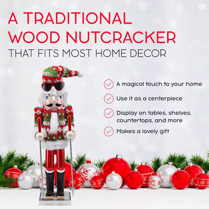 15 In. Wooden Christmas Skier Man Nutcracker -Red and Green Nutcracker Guy with Ugly Sweater and Skis in Skiing Pose