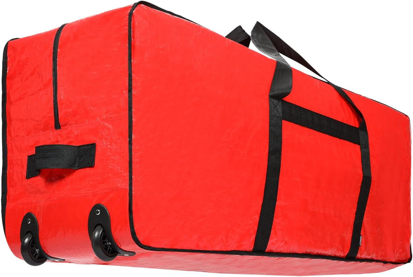 Christmas Tree Storage Bag, Fits for 7.5 Ft Xmas Artificials, Zippered Box with Reinforced Carrying Handles and Wheels, Red (Container Only)