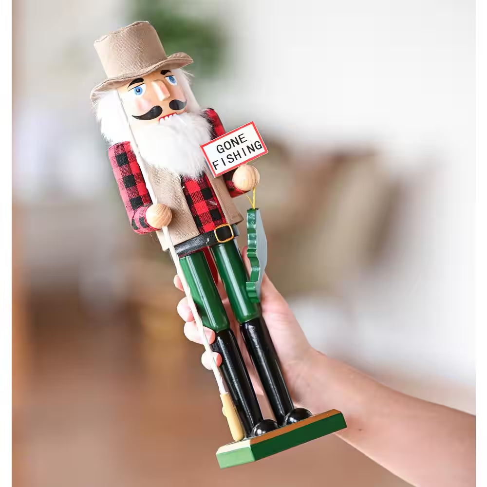 15 In. Wooden Christmas Fisher Man Nutcracker - Red and Green Fisherman Nutcracker with Fishing Rod and Fish in Hand