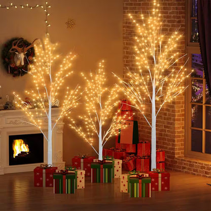 6/5/4 Ft. Indoor/Outdoor Pre-Lit Artificial Christmas Tree Birch Tree with LED Lights (1 Set Contains 3 Sizes)