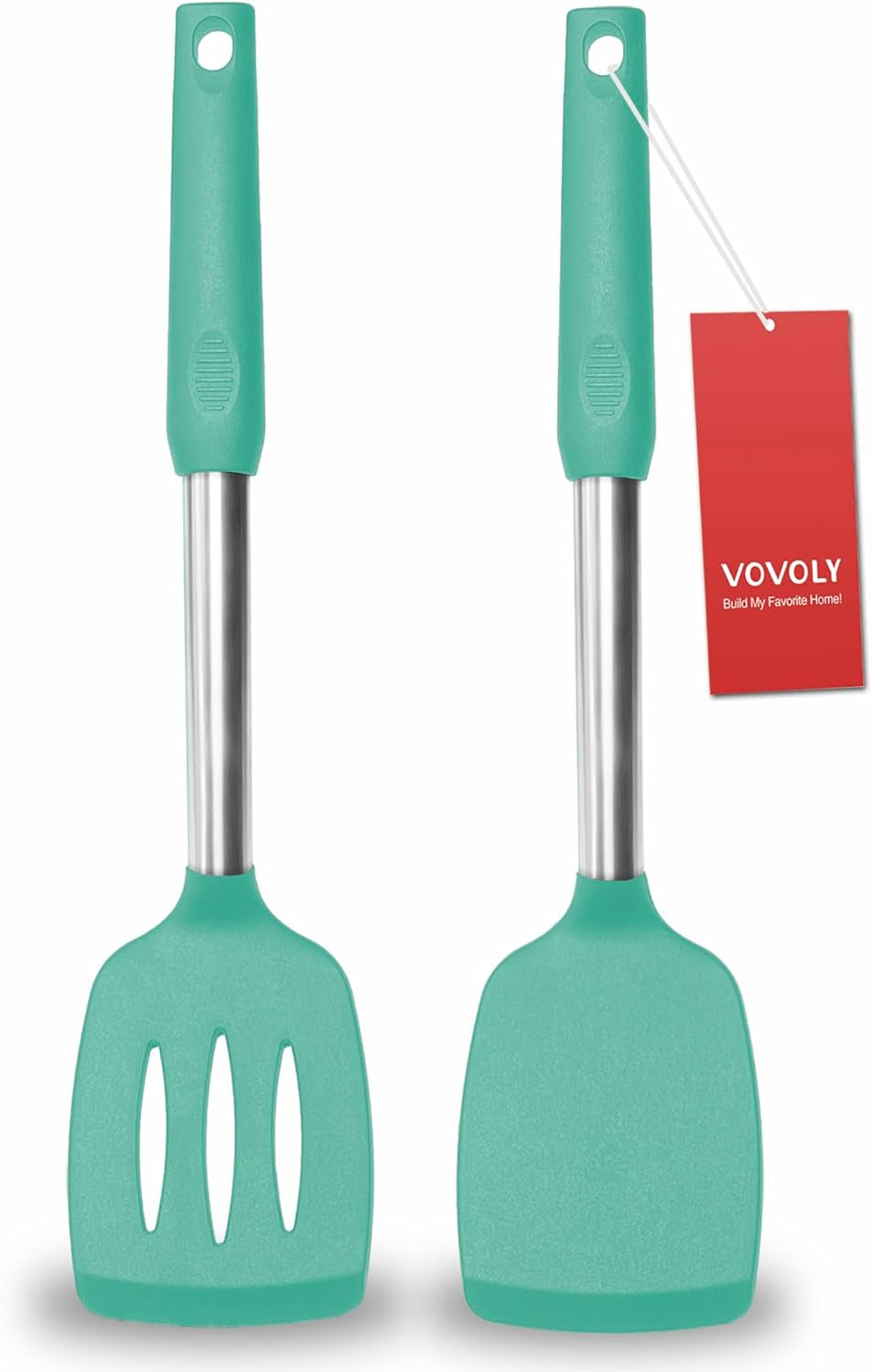 Professional Silicone Spatula Set - 2 Pack, Solid & Slotted Design with Stainless Steel Handles, Heat Resistant Non-Stick Turners for Cooking Fish, Eggs, Pancakes, and Wok - Teal