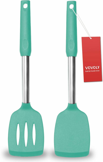 Professional Silicone Spatula Set - 2 Pack, Solid & Slotted Design with Stainless Steel Handles, Heat Resistant Non-Stick Turners for Cooking Fish, Eggs, Pancakes, and Wok - Teal