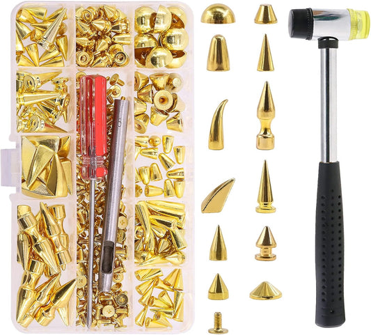 153Pcs Screw Back Studs and Spikes Kit with Tools, Gold Mixed Shape Screw Back Bullet Cone Studs and Spikes Rivet Kit for Leather Craft Clothing Shoes Belts Bags Dog Collars DIY Accessories