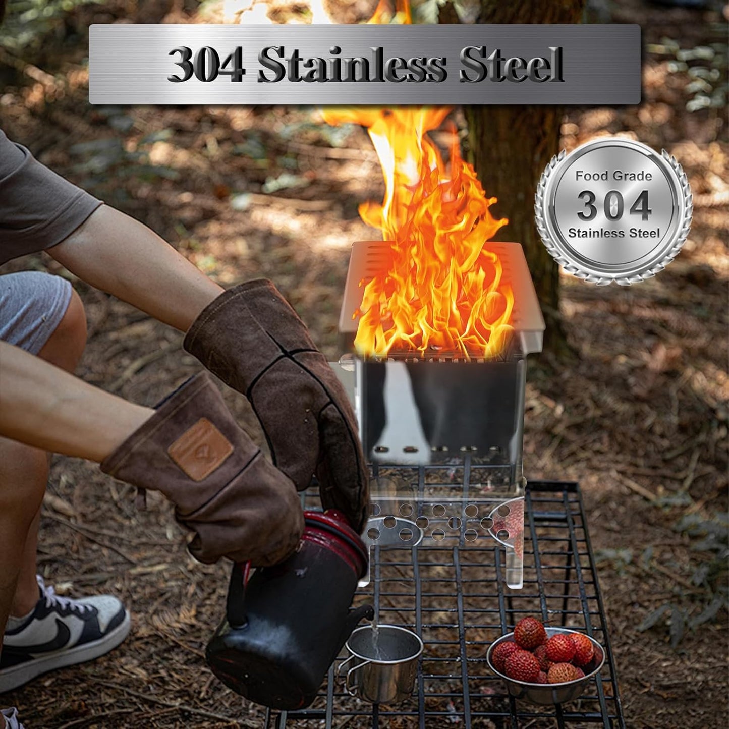 Portable Wood Burning Camping Stove, Folding Stainless Steel Stove with Carry Bag for Camping, Backpacking & Hiking.