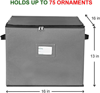 Holiday Ornament Storage Box Organizer Chest, with 3 Trays Holds up to 75 Ornaments Balls, with Dividers to Organize (Grey)