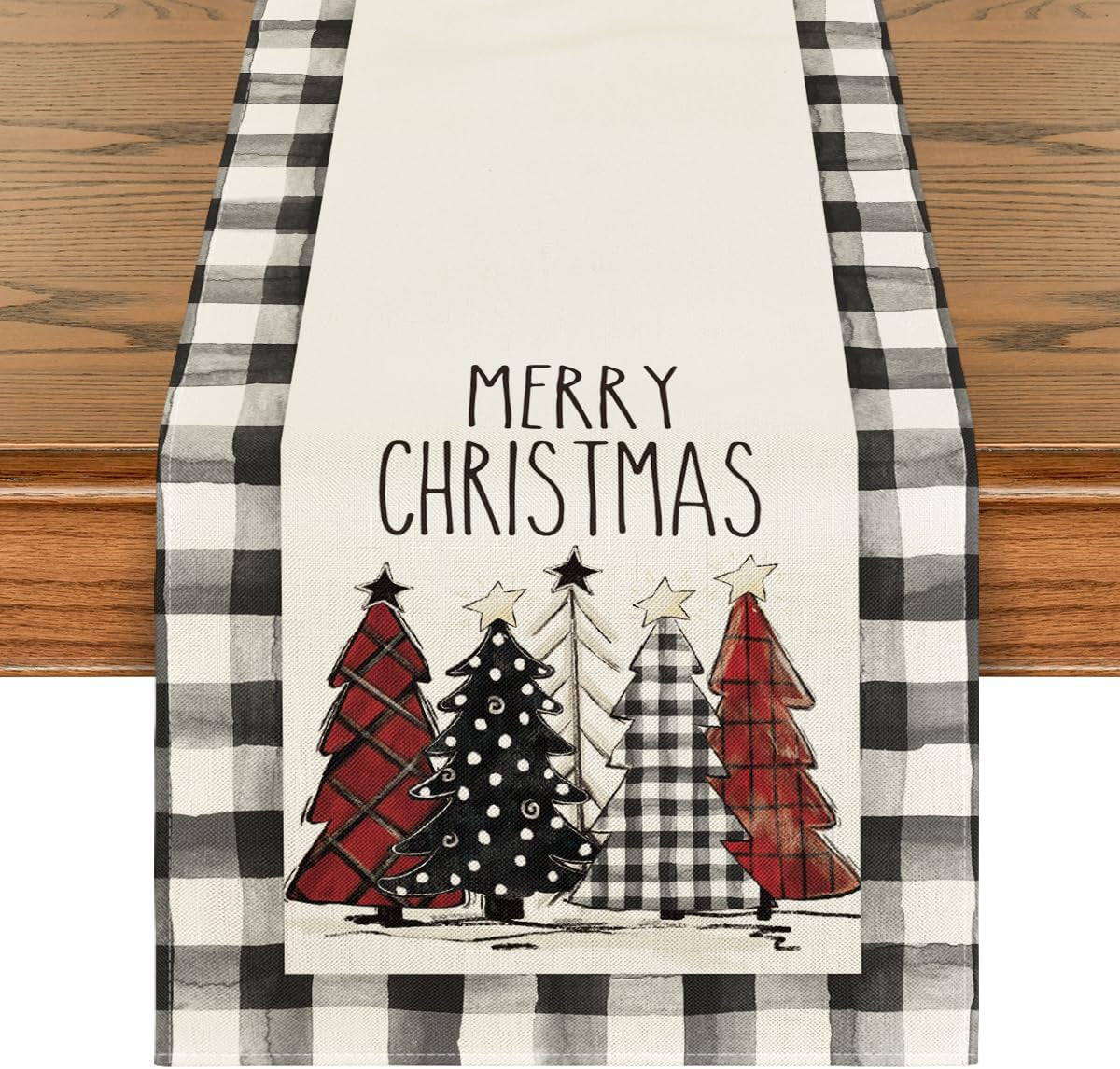 Waterclor Buffalo Plaid Christmas Trees Merry Xmas Table Runner, Seasonal Winter Holiday Kitchen Dining Table Decoration for Indoor Outdoor Home Party Decor 13 X 72 Inch