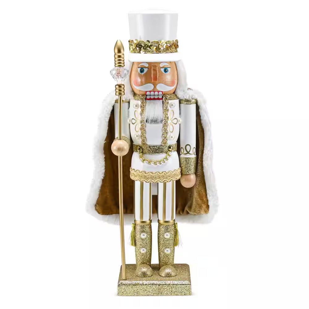 14 In. Wooden Christmas Gold King Nutcracker-Gold and White Glittered Nutcracker with Gold and White Fur Cape and Staff