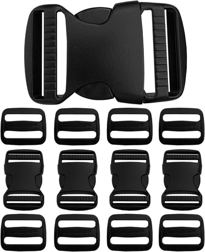 Flat Dual Adjustable Plastic Quick Side Release Plastic Buckles and Tri-Glide, Black, 4 Set 1.5 Inch+8 Set Tri-Glide Slide