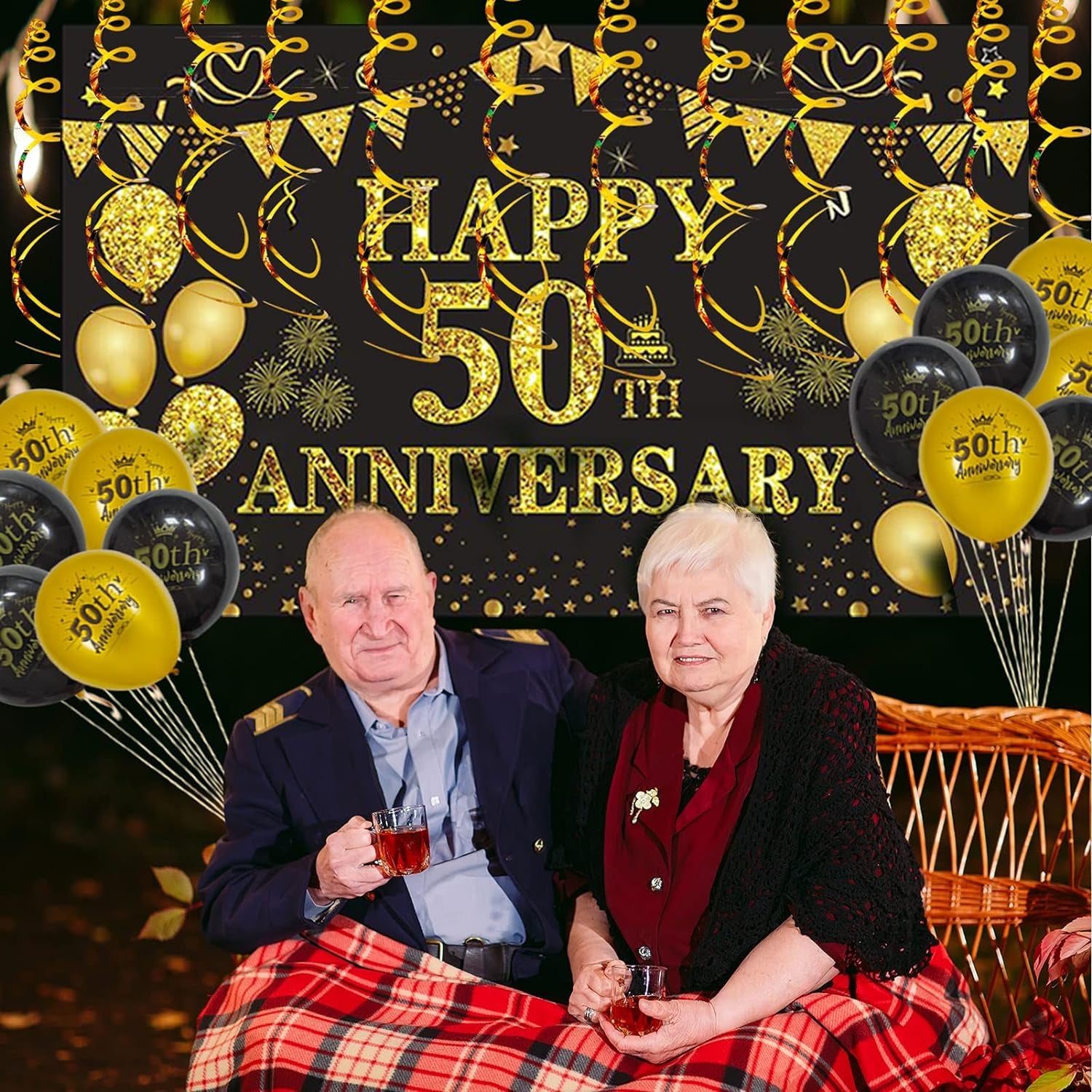 50Th Wedding Anniversary Decorations, Large Happy 50Th Anniversary Banner Backdrop 70 X 43 Inches, Black and Gold Party Balloons, Hanging Swirls for Indoor Outdoor Home Wall Party Supplies