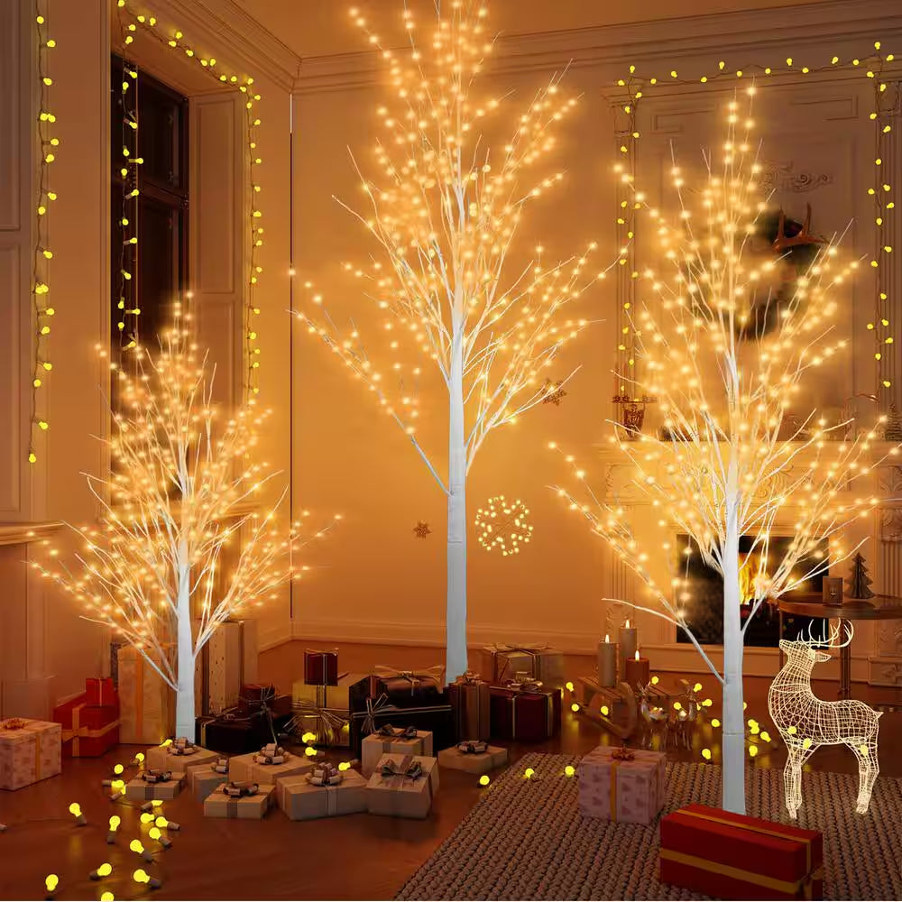 6/5/4 Ft. Indoor/Outdoor Pre-Lit Artificial Christmas Tree Birch Tree with LED Lights (1 Set Contains 3 Sizes)