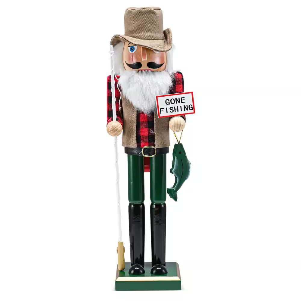 15 In. Wooden Christmas Fisher Man Nutcracker - Red and Green Fisherman Nutcracker with Fishing Rod and Fish in Hand