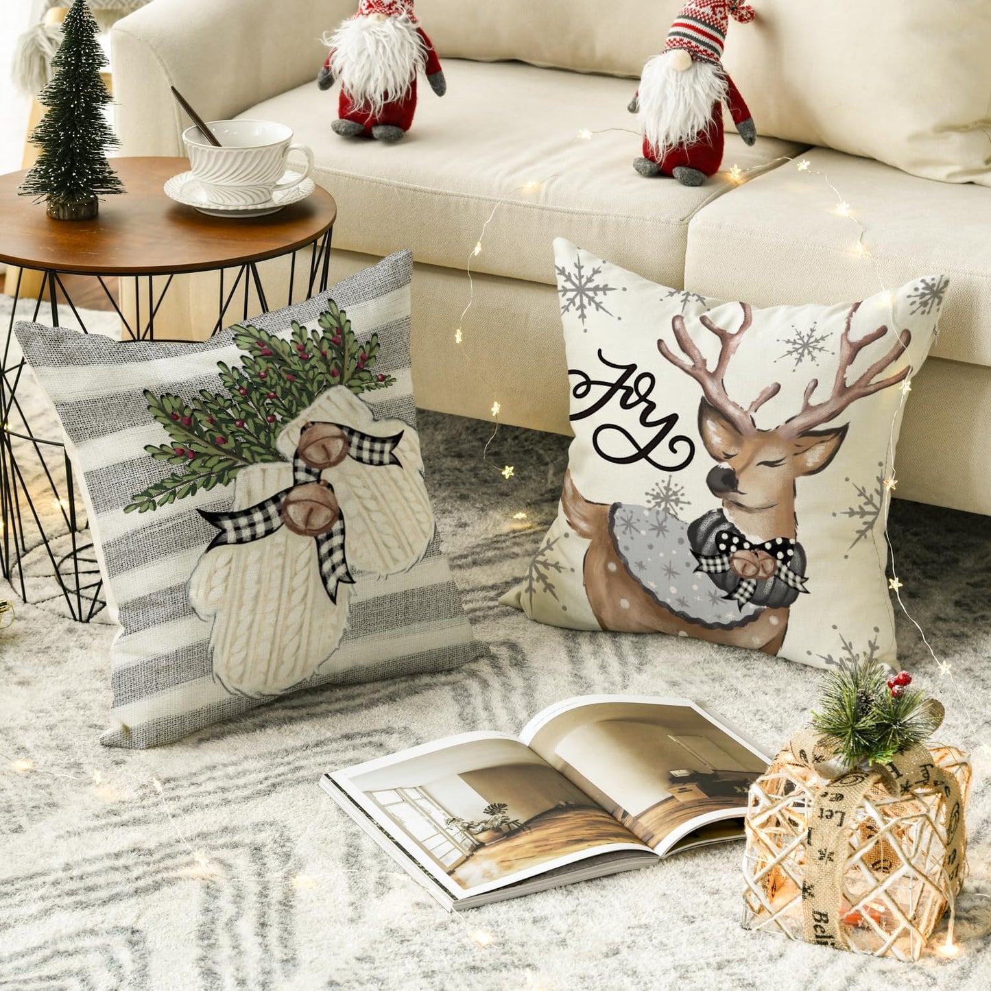 Christmas Snowman Reindeer Gloves Eucalyptus Throw Pillow Covers, 18 X 18 Inch Winter Holiday Stripes Cushion Case Decoration for Sofa Couch Set of 4