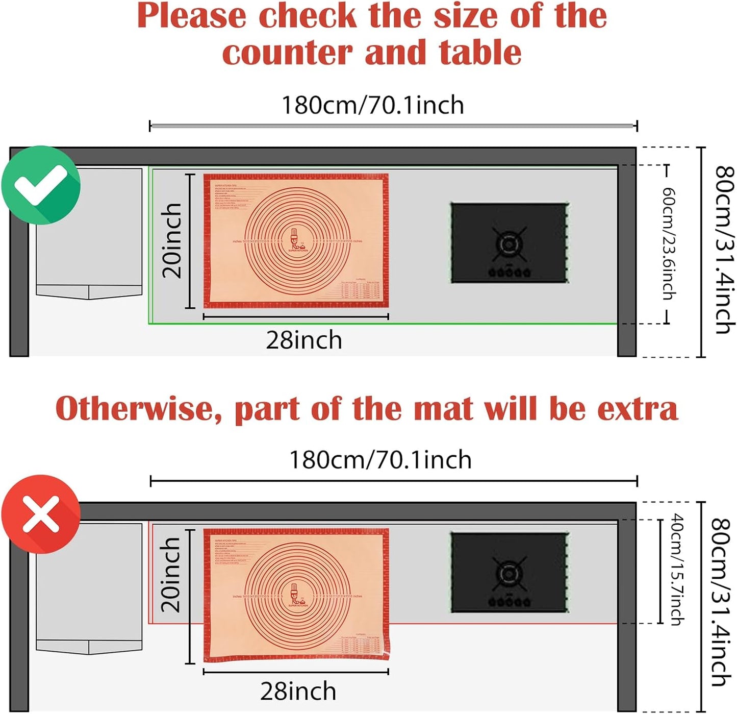 Non-Slip Pastry Mat Extra Large with Measurements 28''By 20'' for Silicone Baking/ Counter Mat, Dough Rolling Mat,Oven Liner,Fondant/Pie Crust Mat by  Red