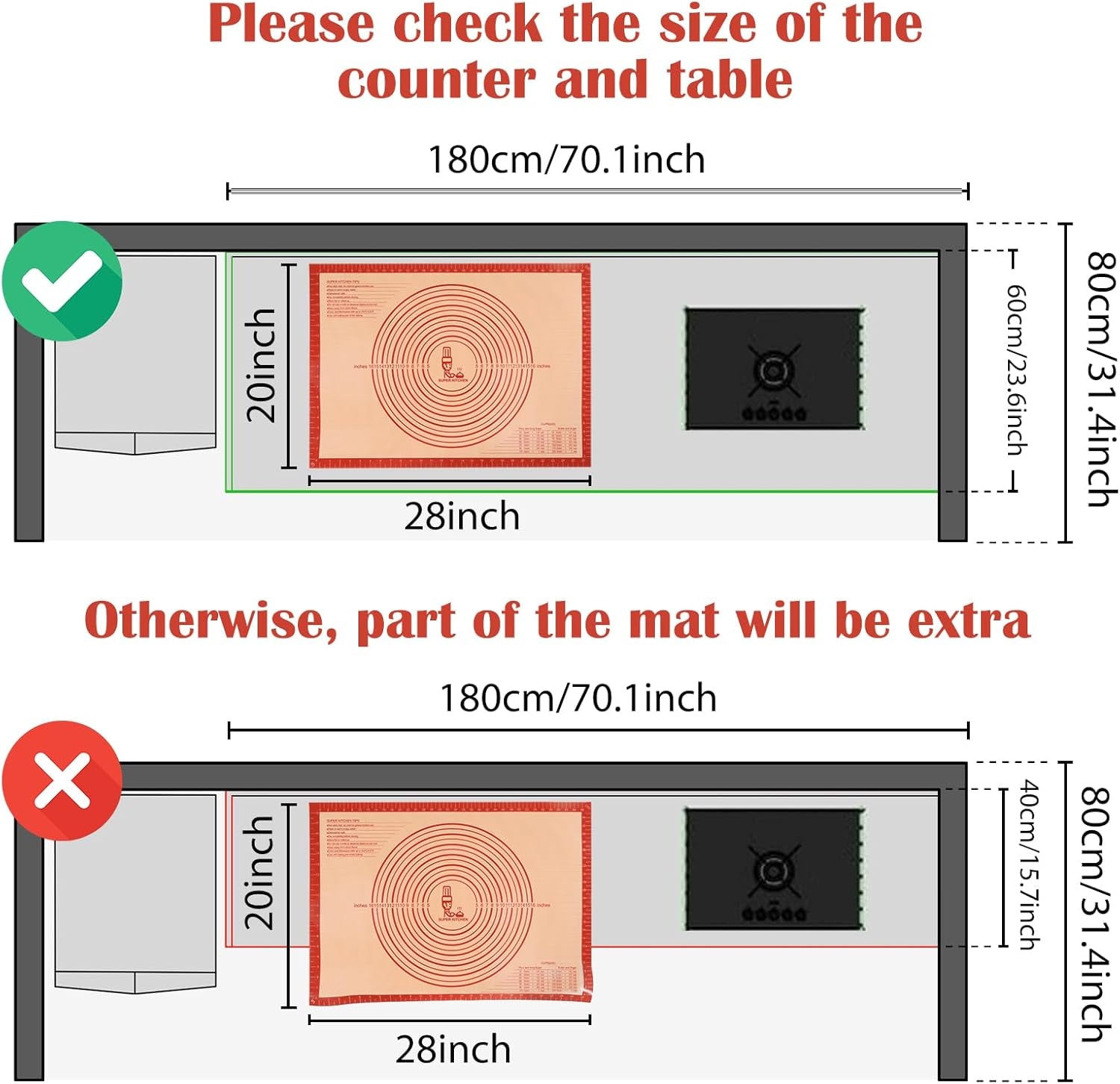 Non-Slip Pastry Mat Extra Large with Measurements 28''By 20'' for Silicone Baking/ Counter Mat, Dough Rolling Mat,Oven Liner,Fondant/Pie Crust Mat by  Red