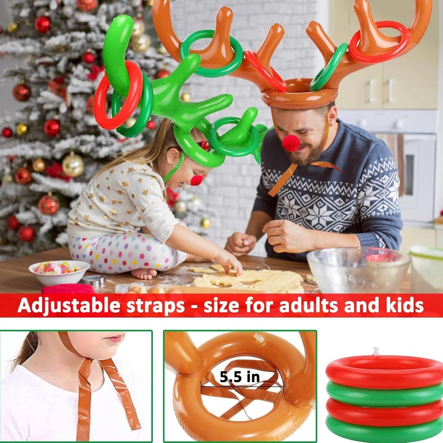 2 Set Christmas Inflatable Reindeer Antler Ring Toss Game Xmas Antler Heandband Toys Christmas Party Game Supplies for School Family Team Game Indoor Outdoor